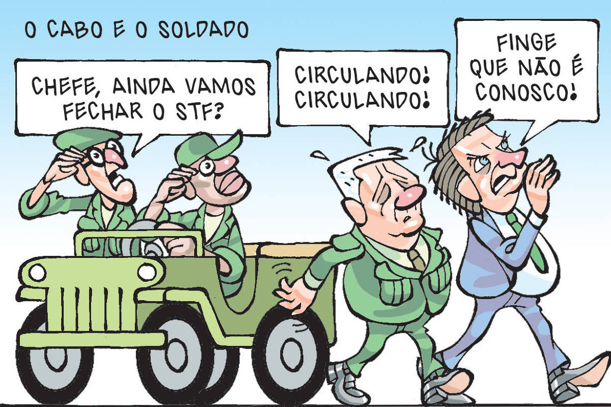 “O cabo e o soldado” é o título da charge. Ao fundo, o desenho mostra um jipe com um soldado ao volante. Ao lado dele, no banco do carona, está um cabo. Em primeiro plano, caminhando, aparecem o general Braga Netto e Jair Bolsonaro. O cabo pergunta: - Chefe, ainda vamos fechar o STF? Braga Netto continua caminhando, sem olhar para trás, faz um gesto sorrateiro com a mão e, disfarçando, fala: - Circulando! Circulando! Bolsonaro também continua caminhando e, sem olhar para trás, cochicha para o general: - Finge que não é conosco!