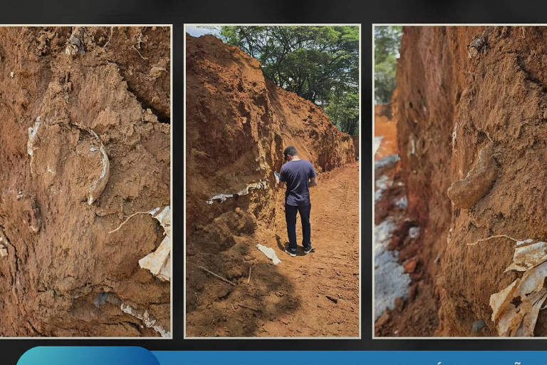 A imagem apresenta três painéis verticais mostrando taludes de terra, com um homem em pé em um dos painéis. O texto à direita informa 'OSSOS HUMANOS NOS TALUDES (CRÂNIO) CENTRO DE ESTUDOS E PESQUISAS'. Na parte inferior, há uma faixa azul com o texto 'TRIBUNAL DE CONTAS DO MUNICÍPIO DE SÃO PAULO'.