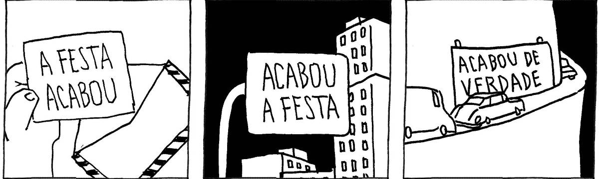 A tira de André Dahmer, publicada em 29.11.2024, tem três quadrinhos. No primeiro, há um close de um envelope aberto. Na carta visível, pode-se ler "A festa acabou". No segundo quadro, há um ambiente urbano retratado. Uma placa de trânsito diz: "Acabou a festa". No terceiro quadro, há carros em uma estrada. Um outdoor mostra uma mensagem: "Acabou de verdade".