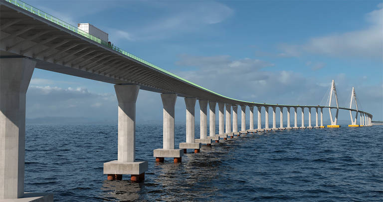 Imagem mostra pilares da ponte e um caminhão trafegando 