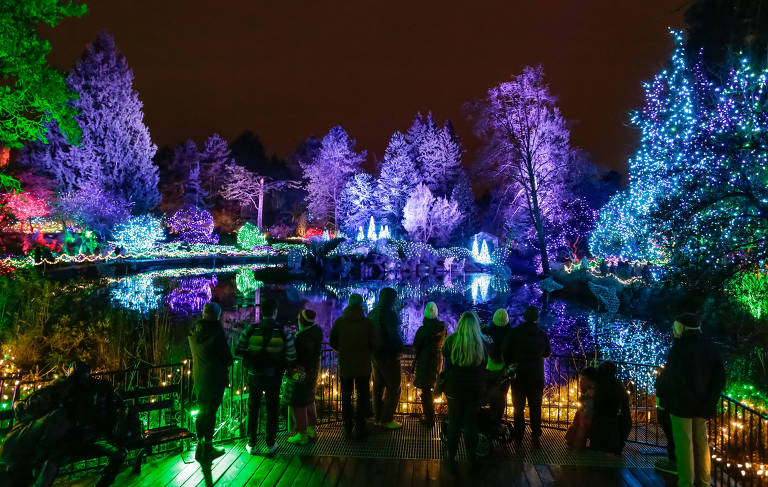 Pessoas apreciam instalações de luz para o evento anual Festival of Lights no Jardim Botânico VanDusen em Vancouver, no Canadá