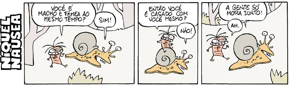 Quadrinho 01- A barata Fliti está de papo com um caramujo. Fliti: Você é macho e fêmea ao mesmo tempo? Caramujo: Sim! Quadrinho 02- Fliti: Então você é casado com você mesmo? Caramujo: Não! Quadrinho 03- Caramujo: A gente só mora junto! Fliti: Ah.