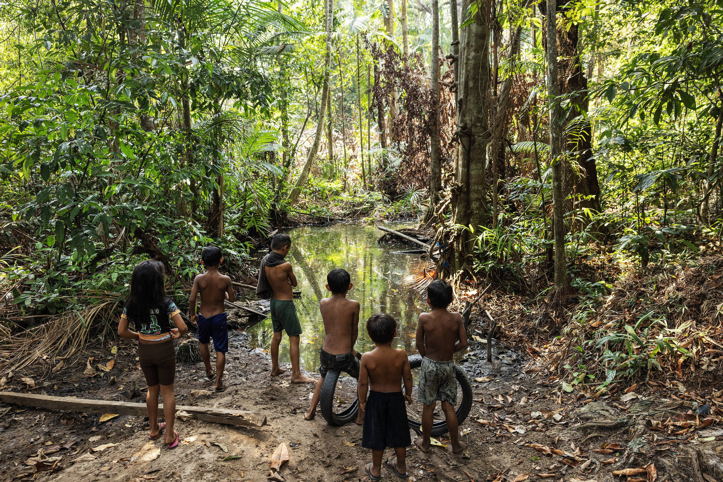 Crianças indígenas observam poça de água