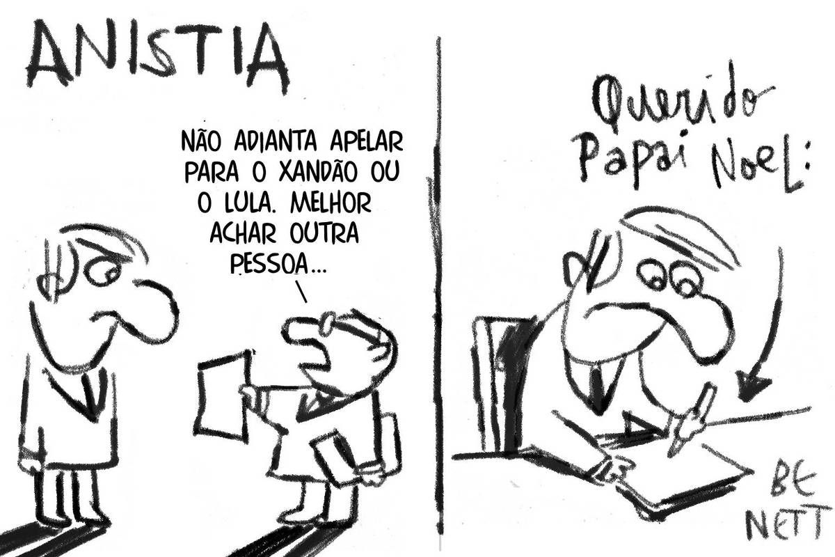 "A charge de hoje da Folha publicada em todas as suas plataformas é de Benett (@cartunistabenett). O desenho mostra uma charge com dois personagens. Um advogado está entregando um documenta para Jair Bolsonaro. Ele diz: Não adianta apelar para o Xandão ou o Lula. Melhor achar outra pessoa...". No quadro seguinte, Bolsonaro sentado em uma mesa escreve uma carta: "Querido Papai Noel...".