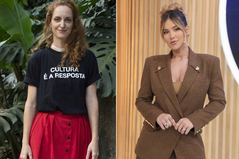 A imagem é dividida em duas partes. À esquerda, uma mulher com cabelo cacheado e ruivo, usando uma camiseta preta com a frase 'CULTURA É A RESPOSTA' e uma saia vermelha. Ela está em um ambiente natural, com plantas ao fundo. À direita, uma mulher com cabelo preso em um coque, vestindo um terno marrom claro. Ela está em um ambiente interno com fundo de madeira clara e luz suave, exibindo um olhar confiante.