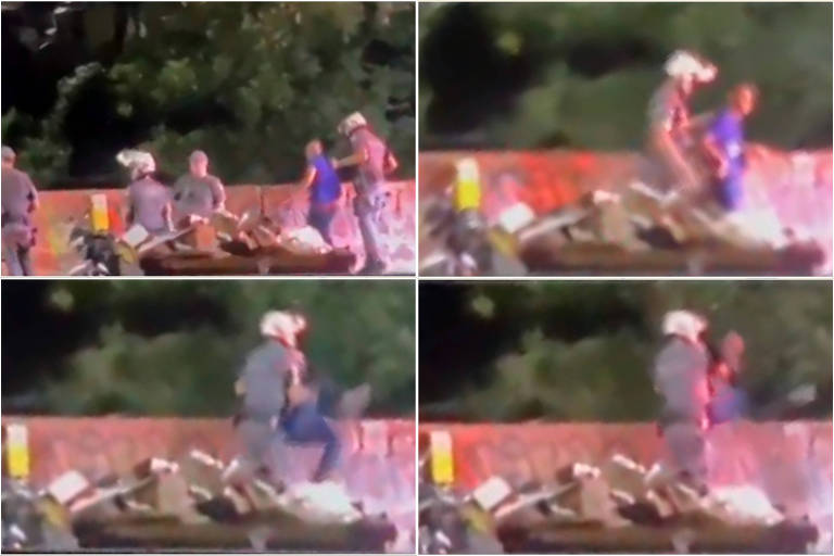 Policial militar foi flagrado jogando um homem do alto de uma ponte na região de Cidade Ademar, na zona sul da capital, após perseguição; Tarcísio e Derrite criticaram a ação em manifestações nas redes sociais