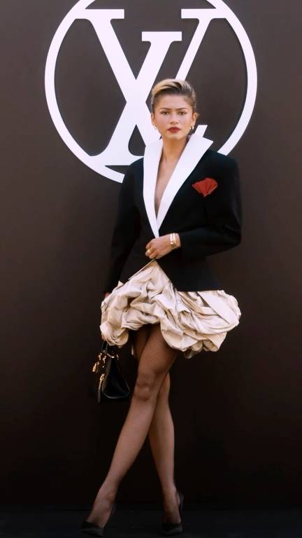 Uma mulher está posando em frente a um fundo preto com o logotipo da Louis Vuitton. Ela usa um blazer preto com um colarinho branco e uma rosa vermelha no bolso. A parte inferior do vestido é volumosa e de cor clara. Ela está usando meia-calça de rede e sapatos de salto alto pretos, segurando uma bolsa preta.