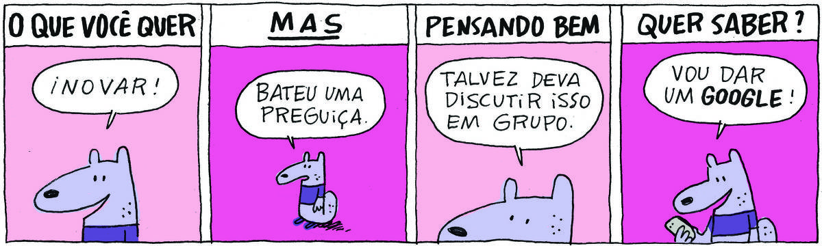 A tirinha Bicudinho, publicada em 05/12/2024, dividida em 4 quadrinhos, traz um esquilo roxo vestindo camiseta. No quadrinho 1, o texto na parte superior diz: O QUE VOCÊ QUER. Abaixo, ele diz: Inovar! No quadrinho 2, o texto na parte superior diz: MAS. Abaixo, ele diz: Bateu uma preguiça. No quadrinho 3, o texto na parte superior diz: PENSANDO BEM. Abaixo, ele diz: Talvez deva discutir isso em grupo. No quadrinho 4, o texto na parte superior diz: QUER SABER? Abaixo, com o celular na mão, ele diz: Vamos dar um Google.