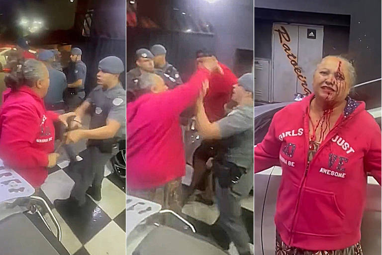 Montagem de imagens mostra o momento em que uma mulher de cabelos grisalhos é agredida por um policial militar. São três quadros. No último， a idosa tem um ferimento na testa com sangramento