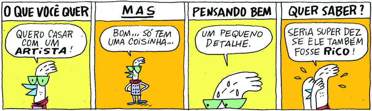 A tirinha Bicudinho, publicada em 06/12/2024, dividida em 4 quadrinhos, traz uma ave de óculos, lenço no pescoço e vestidinho. No quadrinho 1, o texto na parte superior diz: O QUE VOCÊ QUER. Abaixo, ela diz: Casar com um artista. No quadrinho 2, o texto na parte superior diz: MAS. Abaixo, ela diz: Bom... só tem uma coisinha. No quadrinho 3, o texto na parte superior diz: PENSANDO BEM. Abaixo, ela diz: Um pequeno detalhe. No quadrinho 4, o texto na parte superior diz: QUER SABER? Abaixo, ela cobre o rosto com as mãos e diz: Seria super dez se ele também fosse rico!