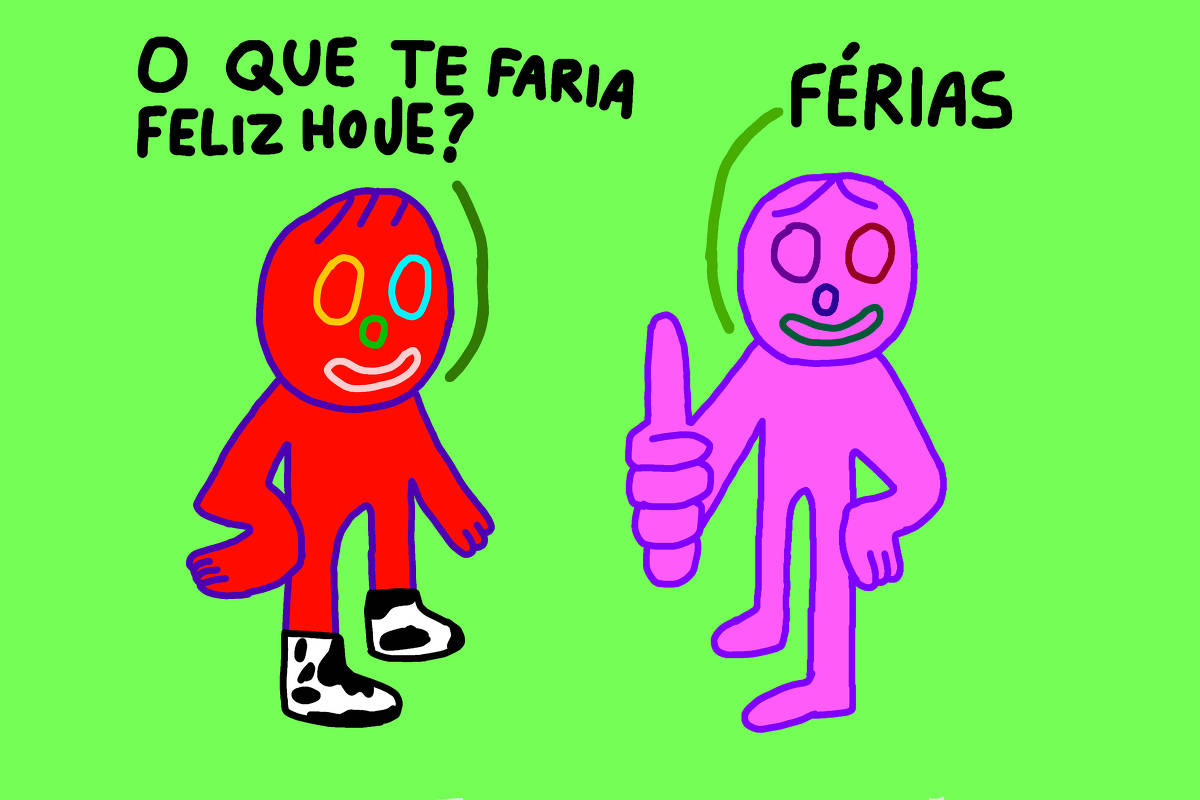 A imagem apresenta dois personagens estilizados em um fundo verde. O personagem à esquerda é vermelho, com olhos coloridos e sapatos pretos com manchas brancas. Ele pergunta: 'O QUE TE FARIA FELIZ HOJE?'. O personagem à direita é rosa, com um sorriso e um polegar levantado, respondendo: 'FÉRIAS'.