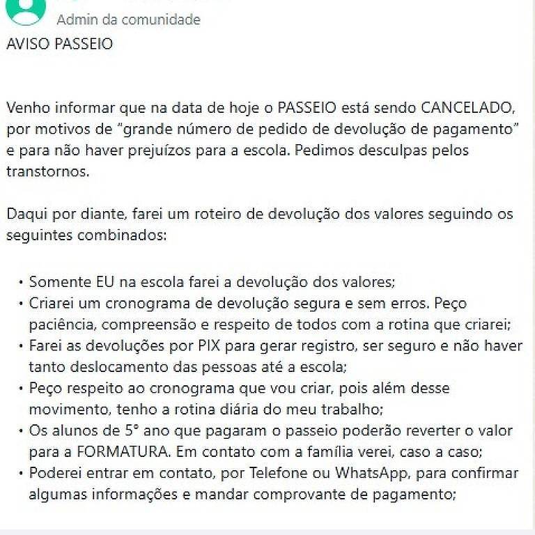 Prints de grupo do ex-diretor Danyllo Elcio Leite da Rocha com pais de alunos da E.E. Prudente de Moraes， no Bom Retiro; ele solicitava valores diversos que seriam revertidos em passeios， melhorias e até uma festa de formatura que não ocorreram