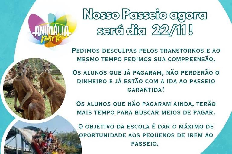 Convite de passeio para o parque， anunciando a data de 22/11. O fundo é azul claro e contém imagens de animais， montanhas-russas e uma cachoeira. O texto destaca a possibilidade de interagir com os animais e garante diversão para toda a família. Há um convite para que as pessoas visitem o parque.