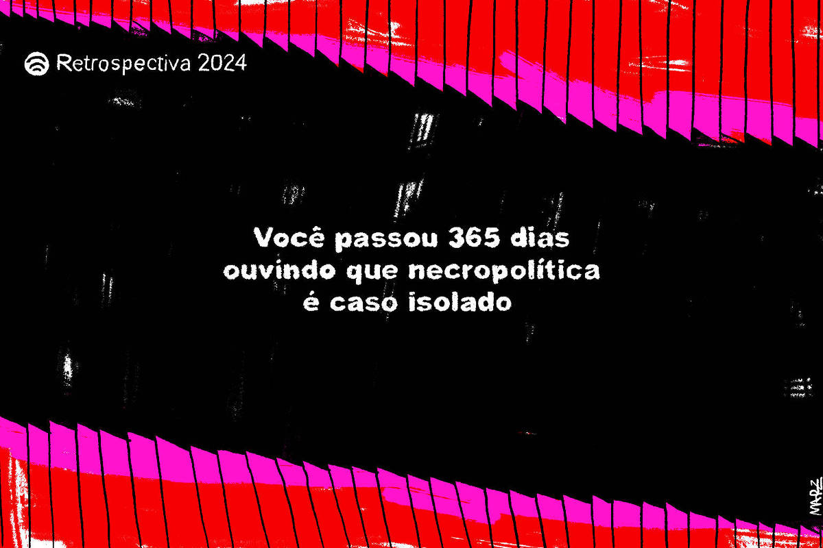 Charge de Marília Marz com o título "Retrospectiva 2024" mostra o template de retrospectiva do Spotify e, no centro da imagem, a frase: "Você passou 365 dias ouvindo que necropolítica é caso isolado".