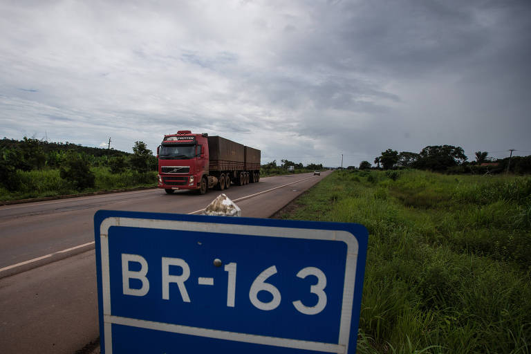 A imagem mostra um caminhão vermelho em movimento na rodovia BR-163. Em primeiro plano， há uma placa azul indicando o nome da rodovia. O céu está nublado e há vegetação verde ao redor da estrada.
