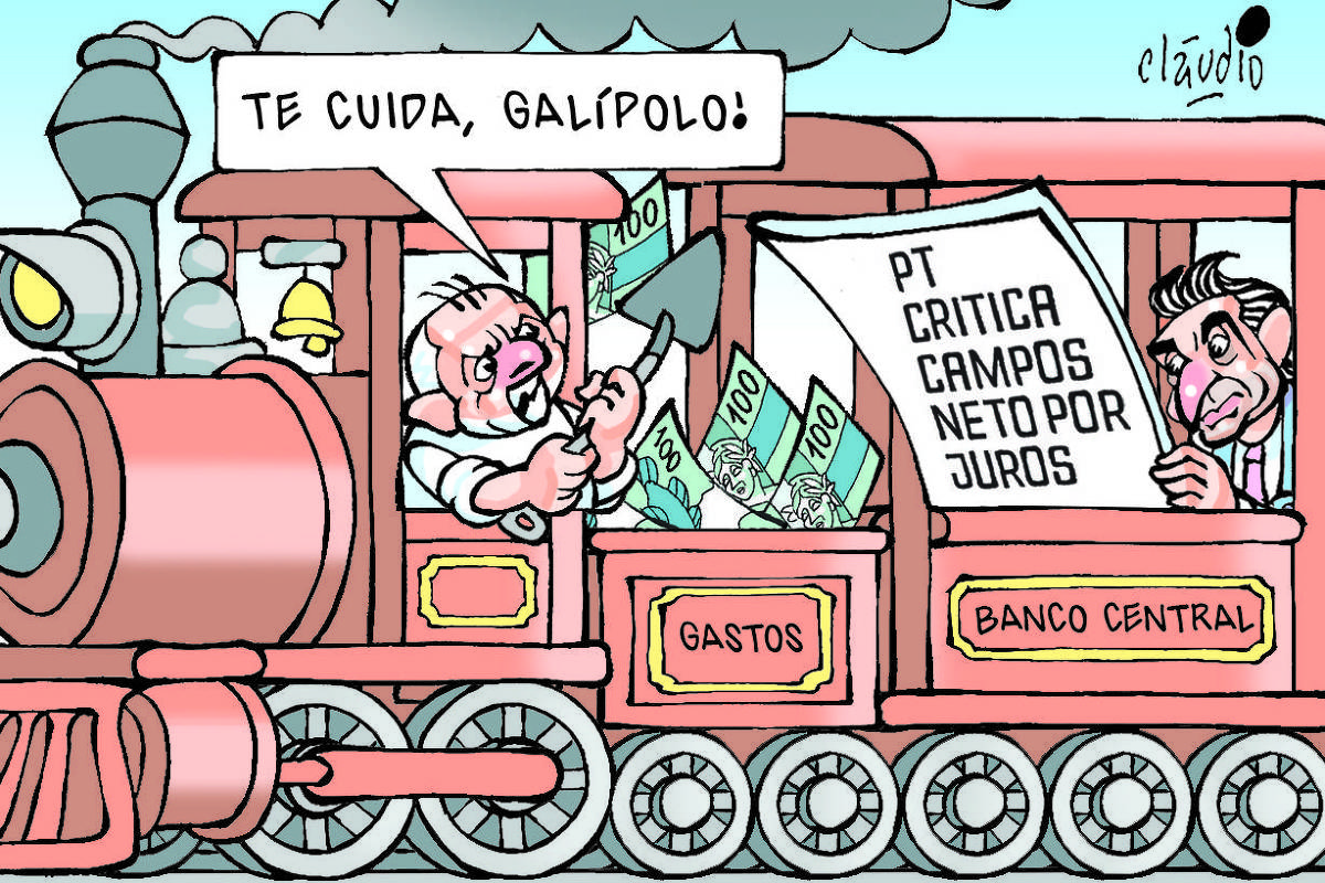 A charge mostra Lula como maquinista de uma locomotiva movida a vapor. Lula segura uma pá e joga células de cem reais como combustível para alimentar a fornalha da locomotiva. Atrás, sentado dentro de um vagão, aparece o futuro presidente do Banco Central Gabriel Galípolo. Lula diz para ele:  - Te cuida, Galípolo!  O diretor do Banco Central lê um jornal com o título “PT critica  Campos Neto por juros”.