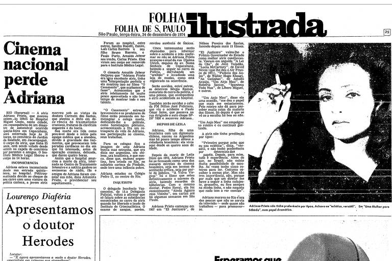 Reportagem da Folha de 24 de dezembro de 1974 sobre a morte da atriz Adriana Prieto