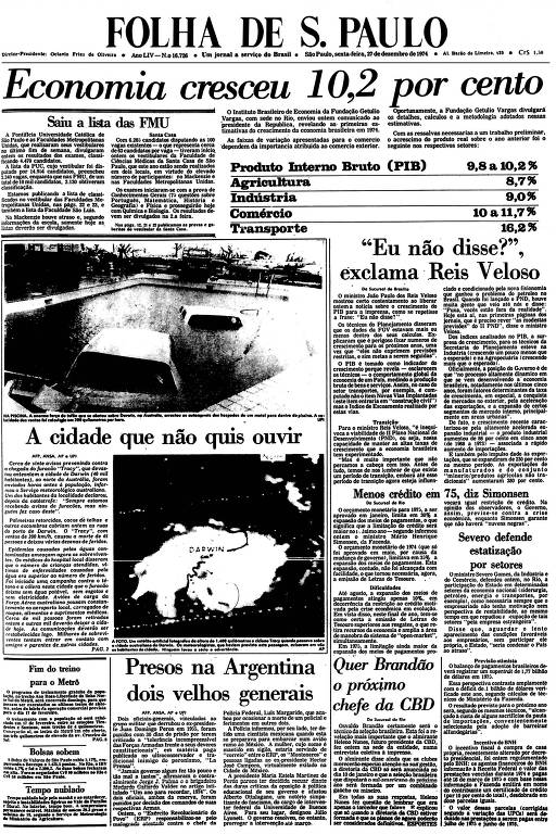 Primeira Página da Folha de 27 de dezembro de 1974