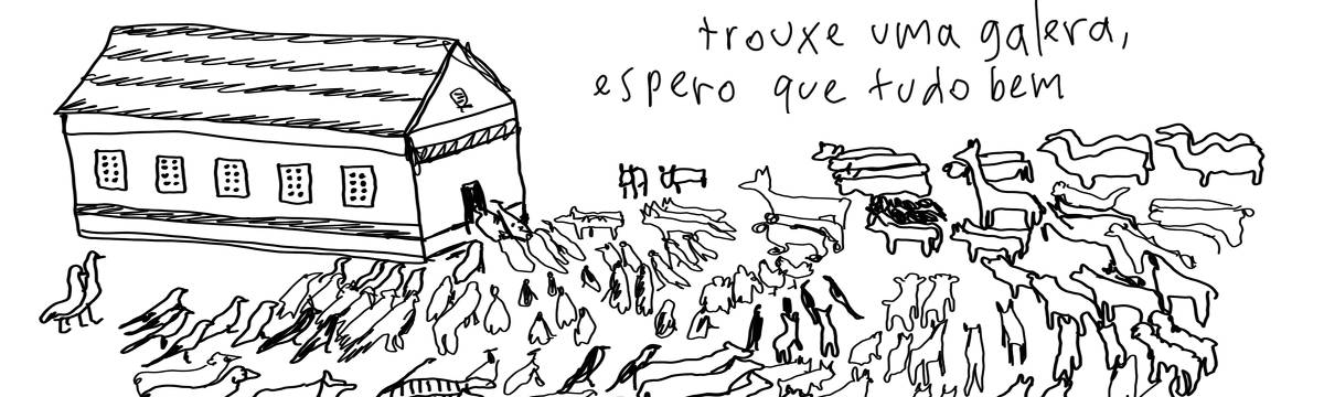 A tirinha em preto e branco de Estela May, publicada em 11/12/24, traz vários animais parados fora de uma casa. Acima da imagem, “trouxe uma galera, espero que tudo bem”.