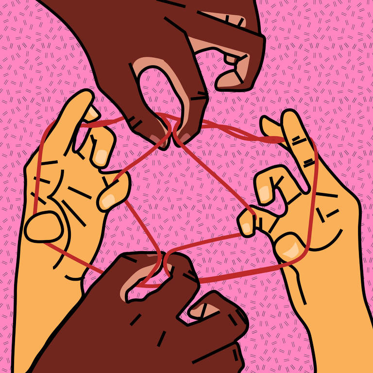 A imagem mostra várias mãos de diferentes tonalidades de pele segurando uma linha vermelha, formando um padrão de entrelaçamento. O fundo é rosa com um padrão de pequenos traços. As mãos estão posicionadas de forma a criar uma figura geométrica com a linha.
