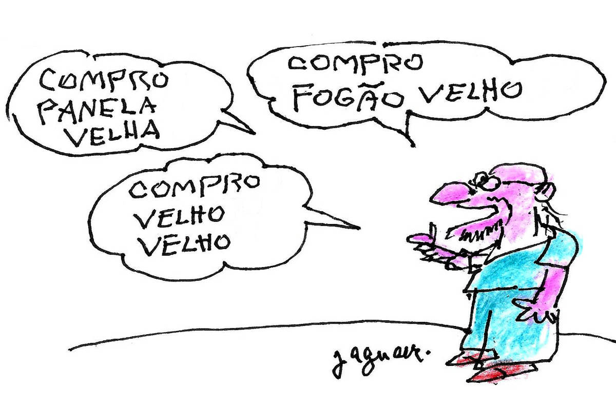 Um desenho em quadrinho mostra um personagem com pele roxa e cabelo comprido, vestido com uma camisa azul e calças. Ele está de pé e fala sobre a compra de utensílios velhos. As falas incluem: 'COMPRO PANELA VELHA', 'COMPRO FOGÃO VELHO' e 'COMPRO VELHO VELHO'.