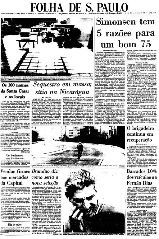 Primeira Página da Folha de 29 de dezembro de 1974