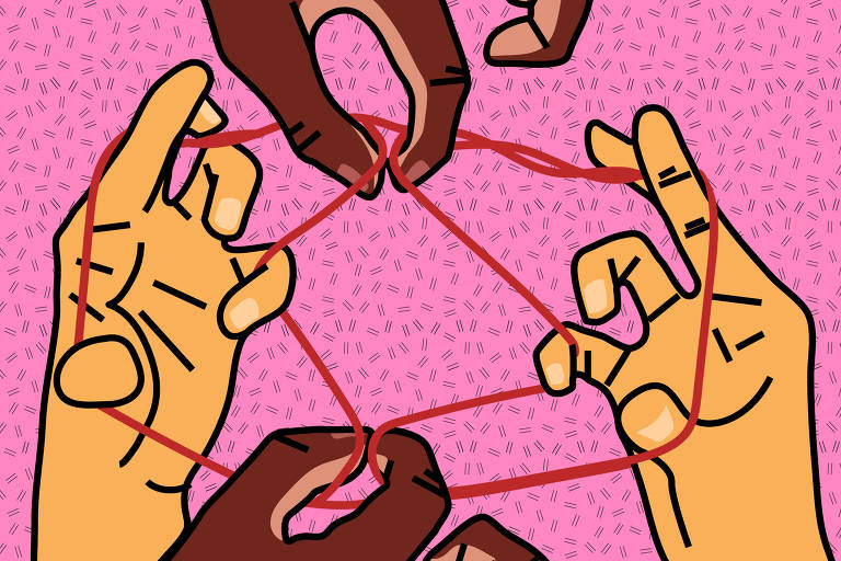 A imagem mostra várias mãos de diferentes tonalidades de pele segurando uma linha vermelha, formando um padrão de entrelaçamento. O fundo é rosa com um padrão de pequenos traços. As mãos estão posicionadas de forma a criar uma figura geométrica com a linha.