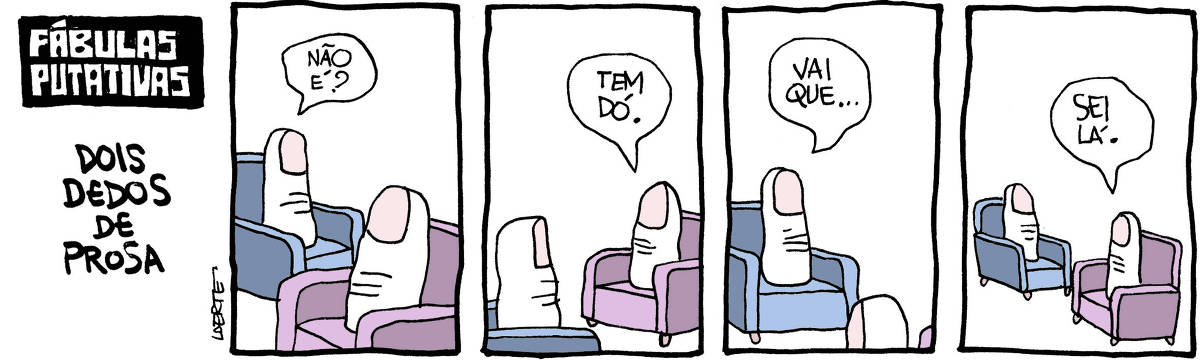 Tira de Laerte, em 2 quadrinhos. 1) Um homem, de robe, bigode e cavanhaque, está numa poltrona, lendo um livro. A campainha toca, ele pergunta: “Quem é?” - e uma voz de fora responde: “Somos nós”. 2) Fora da casa, frente a uma porta fechada, uma pessoa nua aguarda, semi-mergulhada em uma quantidade enorme de pequenas coisas, partes de coisas, tampas, espirais, melecas, papeizinhos. objetos variados e aparentemente desconexos. De dentro da casa a voz do homem pergunta: “Nós quem?” - e a pessoa responde: “Eu e as minhas porcarias”.