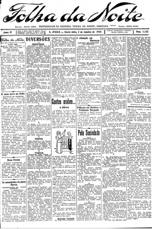 Primeira Página da Folha da Noite de 2 de janeiro de 1925