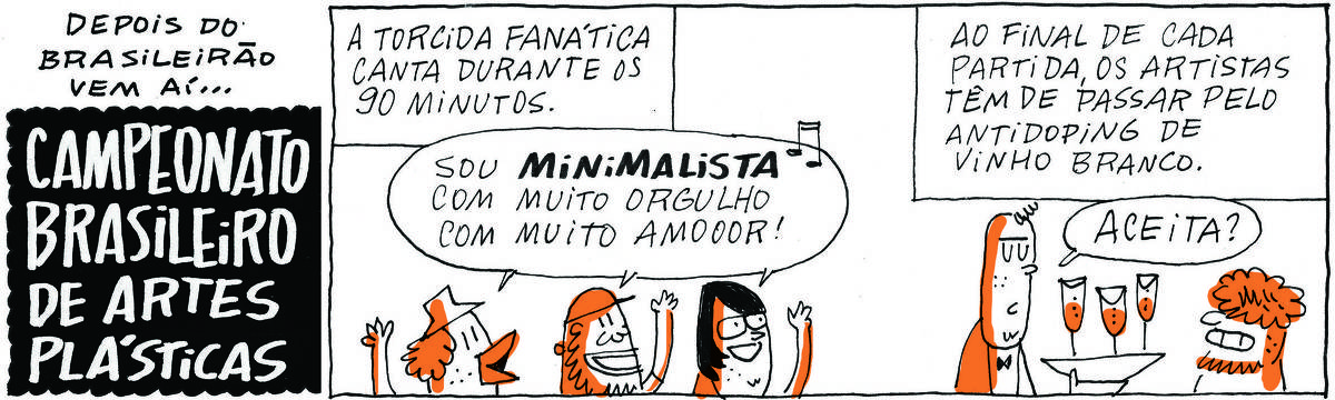 A tirinha Bicudinho, publicada em 14/12/2024, traz o título 'Depois do Brasileirão, vem aí... CAMPEONATO BRASILEIRO DE ARTES PLÁSTICAS. No lado superior esquerdo, há o texto: A torcida fanática canta durante os 90 minutos. Abaixo, três torcedores cantam: Sou minimalista, com muito orgulho, com muito amooor! No lado superior direito, há o texto: Ao final de cada partida, os artistas têm de passar pelo antidoping de vinho branco. Abaixo, um garçøm com uma bandeja com taças de vinho, oferece para um artista: Aceita?