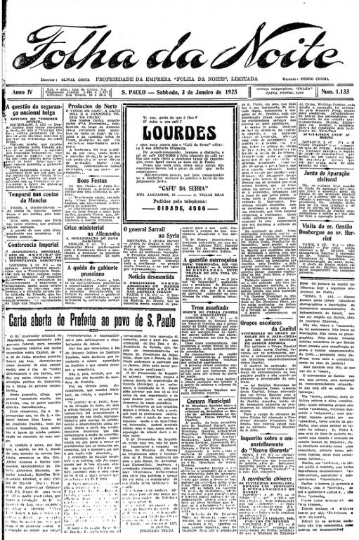 Primeira Página da Folha da Noite de 3 de janeiro de 1925