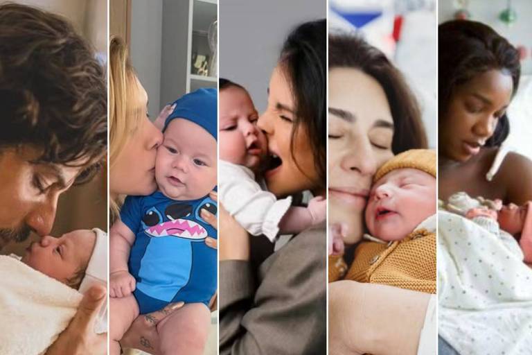 Em foto montagem, vários artistas aparecem beijando e afagando seus bebês