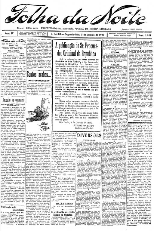 Primeira Página da Folha da Noite de 25 de janeiro de 1925