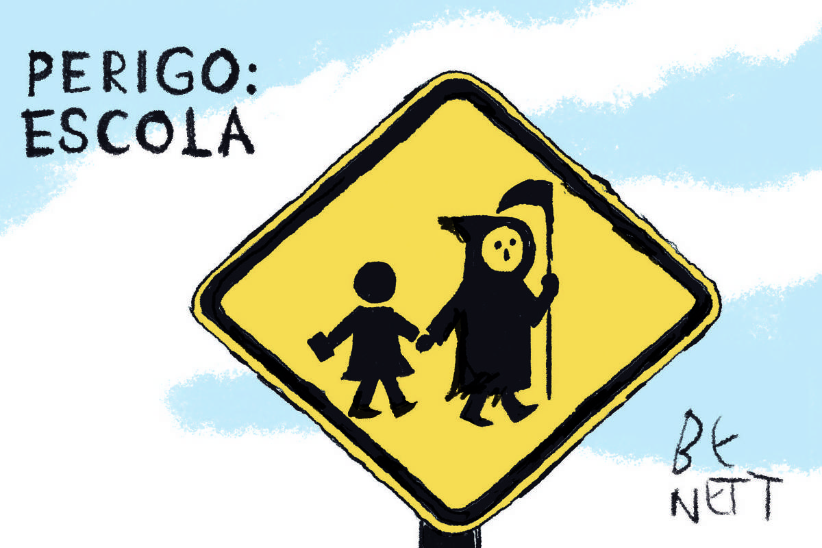 A charge de hoje da Folha publicada em todas as suas plataformas, é de Benett (@cartunistabenett). O título da charge é "Perigo: Escola". A imagem mostra uma placa de trânsito que sinaliza uma "escola". A placa mostra uma criança de mãos dadas com a figura da Morte, personificada como um esqueleto com uma foice.