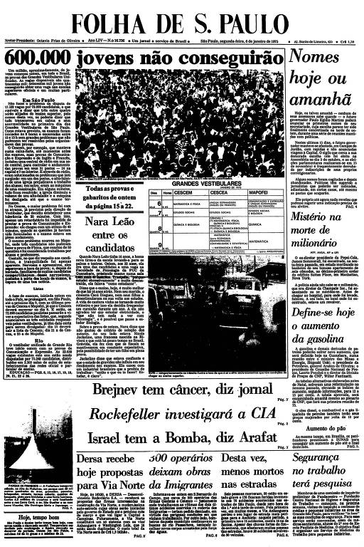 Primeira Página da Folha de 6 de janeiro de 1975