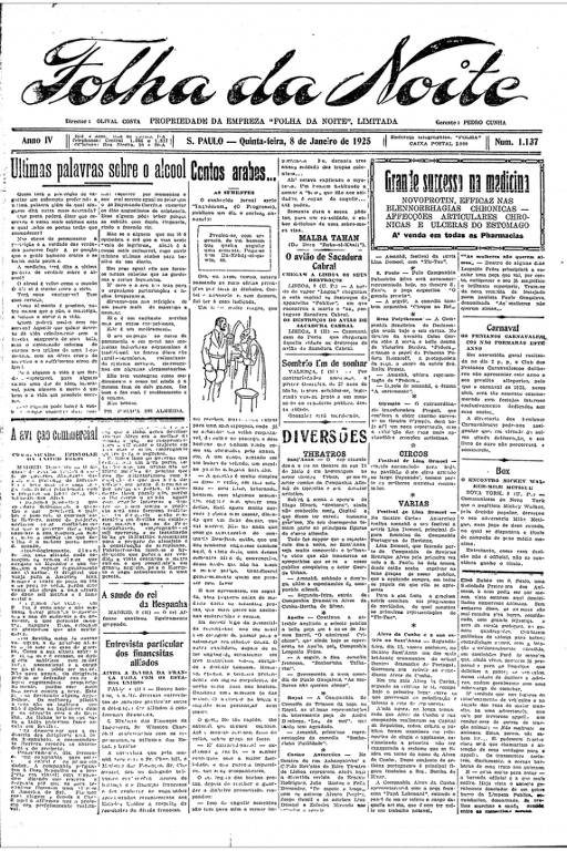 Primeira Página da Folha da Noite de 8 de janeiro de 1925