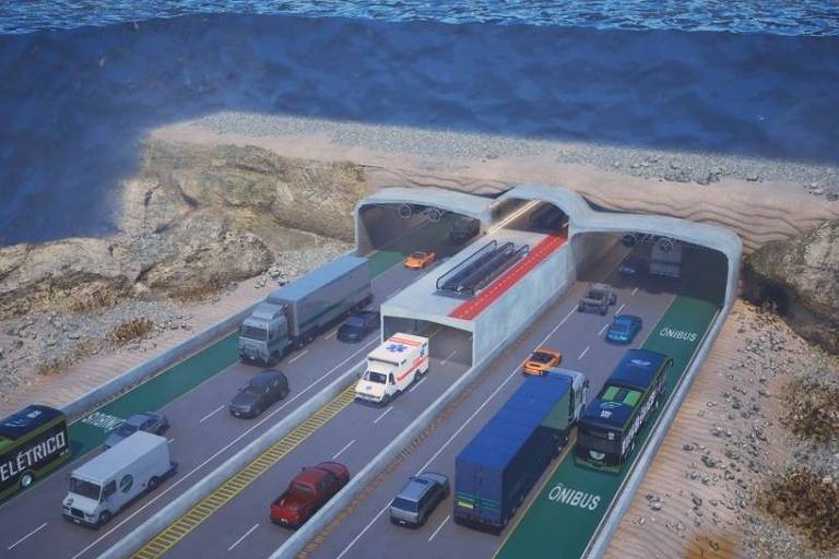 Imagem ilustrativa de um túnel subaquático com várias faixas de tráfego. O túnel é dividido em três seções: uma para ônibus, uma para veículos de passeio e uma para caminhões. Há um veículo de emergência (ambulância) e outros carros em movimento. O fundo da imagem mostra o leito marinho e a água acima do túnel.