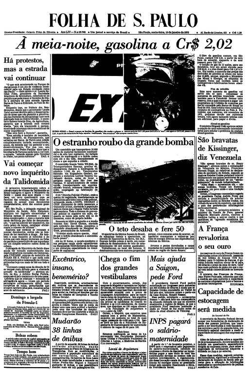 Primeira Página da Folha de 10 de janeiro de 1975