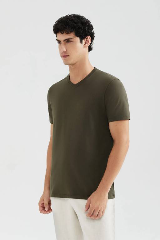 Um homem está posando em pé, usando uma camiseta verde-oliva de manga curta e um fundo neutro. Ele tem cabelo escuro e liso, e está olhando para frente com uma expressão neutra.