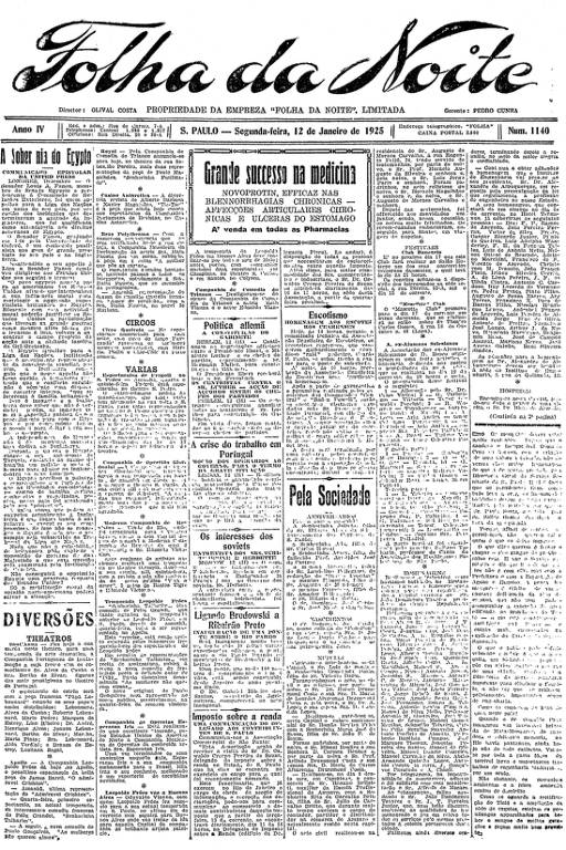 Primeira Página da Folha da Noite de 12 de janeiro de 1925