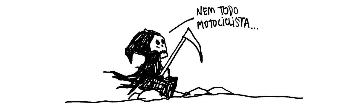 A tira de André Dahmer, publicada em 20.12.2024, tem apenas um quadro. Nele, a figura da Morte, com sua capa negra e foice, está sentada em uma pedra. Ela diz: "Nem todo motociclista..."