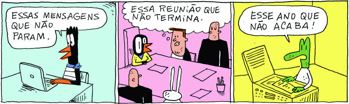 A tirinha Bicudinho, publicada em 20/12/2024, tem 3 quadrinhos. No quadrinho 1, GISLAINE, uma ave preta com bico laranja e vestido branco com listas pretas fala enquanto digita no laptop: Essas mensagens que não param. No quadrinho 2, estão em uma sala de reunião os IRMÃOS PALADINO, dois grandalhões brancos e carecas, VALTER, um passarinho preto com malha amarela,  TATI MATISSE, uma coelhinha branca de orelhas compridas e o PROFESSOR ROCHA, homem branco, gordinho, paletó pretos e cavanhaque. O professor pensa: Essa reunião que não termina. No quadrinho 3, ROBERTINHO, um lagarto verde com camiseta branca, mexe na máquina impressão e diz: Esse ano que não acaba! 