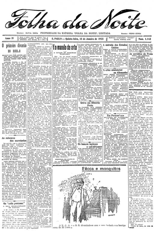 Primeira Página da Folha da Noite de 15 de janeiro de 1925