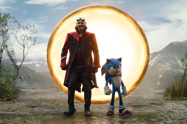 Jim Carrey como Ivo Robotnik e Sonic em cena do terceiro filme da franquia