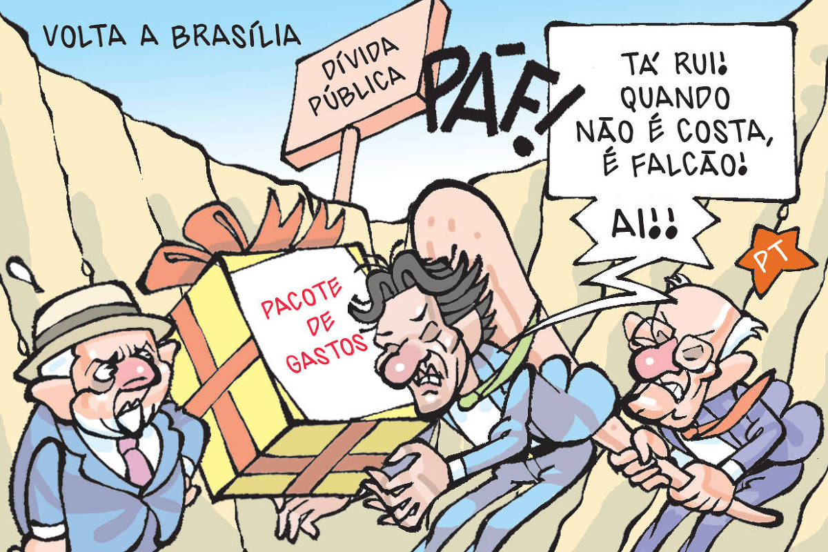 Charge de Cláudio com o título “Volta a Brasília” mostra Lula dentro de um enorme buraco. Na beira, há uma placa com as palavras “Dívida pública”. Na frente de Lula, o ministro da Fazenda, Fernando Haddad, segura um pacote com a etiqueta “Corte de gastos”. Haddad diz: "Tá Rui! Quando não é Costa, é Falcão!". O ministro recebe uma porretada na cabeça. Atrás dele, segurando o porrete, está o deputado Rui Falcão, de cuja lapela salta uma estrela do PT.