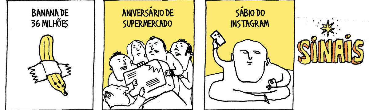 A tira de André Dahmer, publicada em 23.12.2024, tem quatro quadrinhos. No primeiro, uma banana está presa a uma parede por uma fita adesiva. A legenda diz: "Banana de 36 milhões". No segundo quadro, várias pessoas brigam por um produto eletrônico. A legenda diz: "Aniversário de supermercado". No terceiro quadrinho, um homem medita com um celular em uma das mãos, como quem tira uma selfie. A legenda diz: "Sábio do Instagram". O último quadro mostra uma estrela brilhando. Há uma legenda: "Sinais".