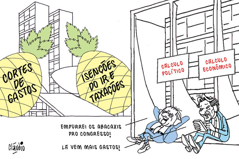 O desenho mostra uma cena uma cena na Praça dos Três Poderes, em Brasília. Ao fundo, aparece o Congresso Nacional com dois grandes abacaxis encostados nas torres do prédio. No primeiro abacaxi está escrito o texto vorte de gastos. No segundo, isenções no IR e texacões. Em primeiro aparece o Palácio do Planalto. Na rampa, sentado e recostado na pilastra do palácio aparece Lula. Ao seu lado, também sentado na rampa, está Fernando Haddad, ministro da Fazenda. Acima de Lula há uma placa com as palavras cálculo político. Lula diz para Haddad:  - Empurrei o abacaxi pro Congresso!  Acima de Haddad há uma placa com as palavras cálculo econômico. Ele diz:  - Lá vem mais gastos!