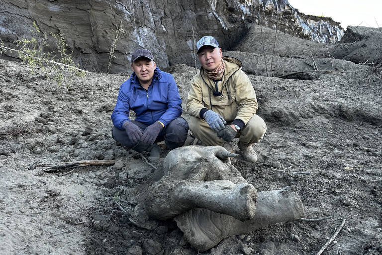 Os pesquisadores Gavril Novgorodov e Erel Struchkov diante do fóssil de mamute encontrado na cratera de Batagaika, no distrito de Verkhoyansky, em Iakutsk