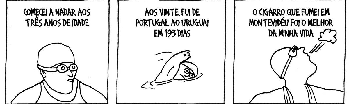 A tira de André Dahmer, publicada em 27.12.2024, tem três quadrinhos. No primeiro, há um nadador. Ele usa touca e óculos de natação. A legenda diz: "Comecei a nadar aos três anos de idade". No segundo quadro, o personagem está nadando. A legenda diz: Aos vinte, fui de Portugal ao Uruguai em 193 dias". No terceiro quadro, o personagem ainda usa equipamentos de natação. Ele bafora fumaça. A legenda diz: "Em Montevidéu fumei o melhor cigarro da minha vida".