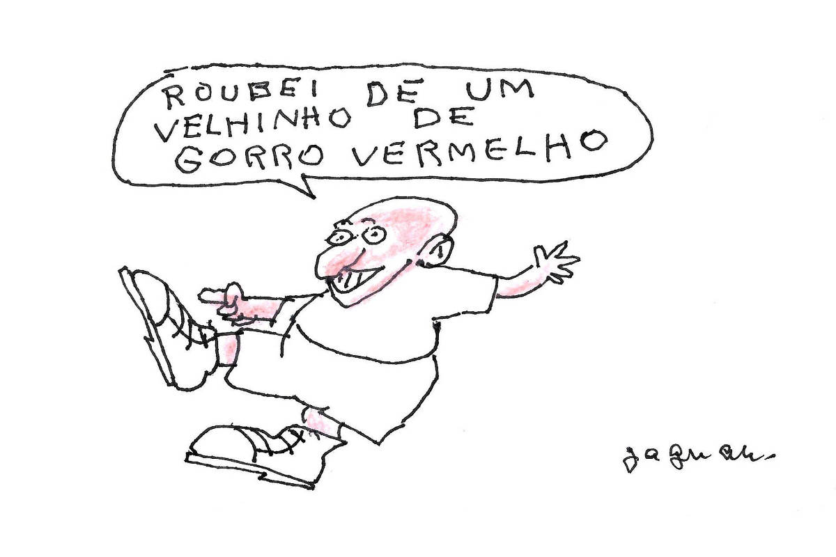 A imagem mostra um personagem caricatural com um grande sorriso, cabelo calvo e orelhas proeminentes. Ele está vestindo uma camiseta e shorts, e calçando tênis. O personagem está levantando uma perna, como se estivesse dançando ou se movendo de forma alegre. Acima dele, há um balão de fala que diz: 'ROUBEI DE UM VELHINHO DE GORRO VERMELHO'.